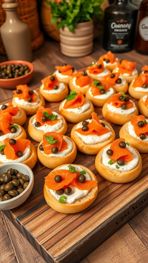 A delicious platter of bagel bites with cream cheese, smoked salmon, and herbs on a wooden board.